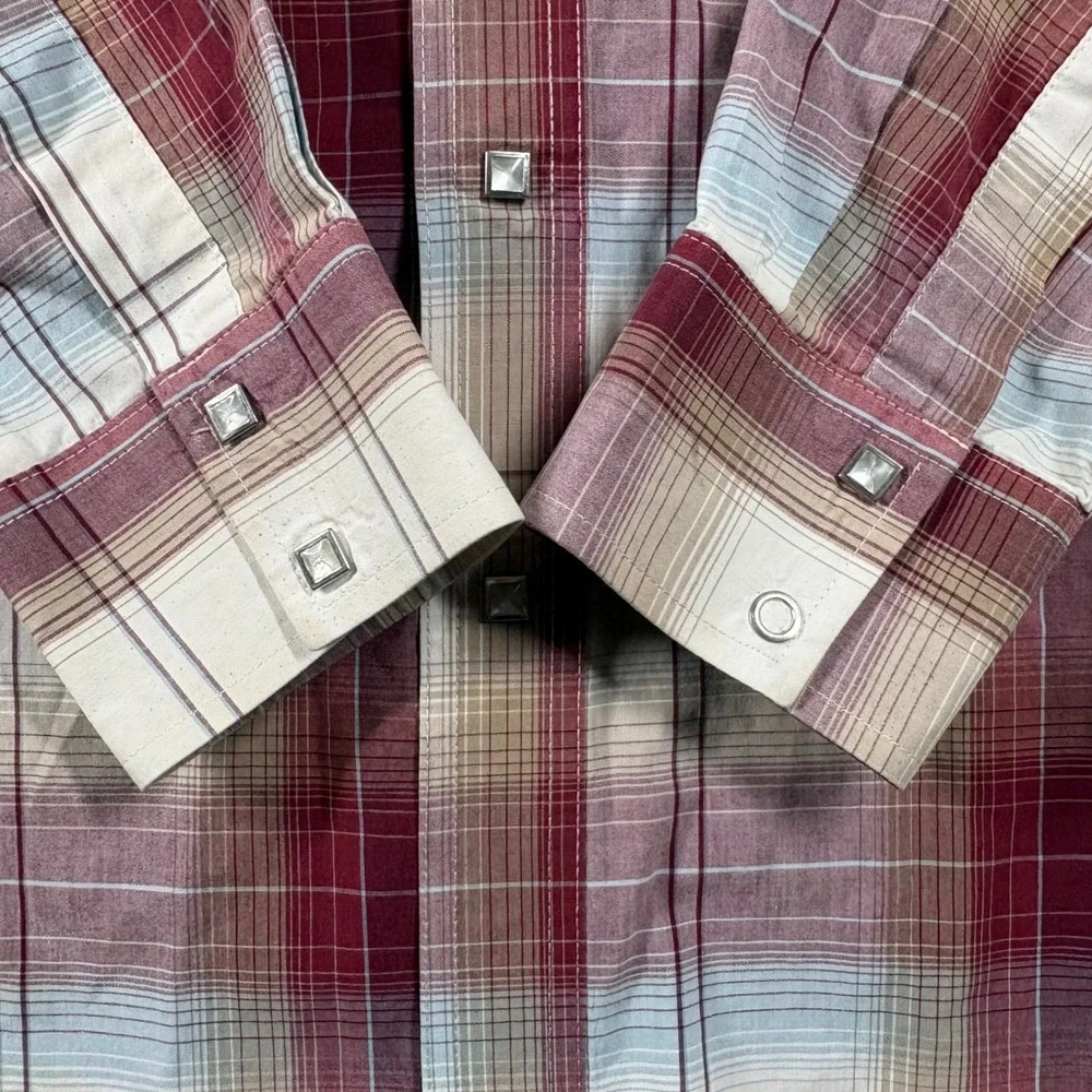 Wrangler American Cowboys Mens Plaid Western Pearl Snap Shirt Burgundy Tan XL - Picture 3 of 5